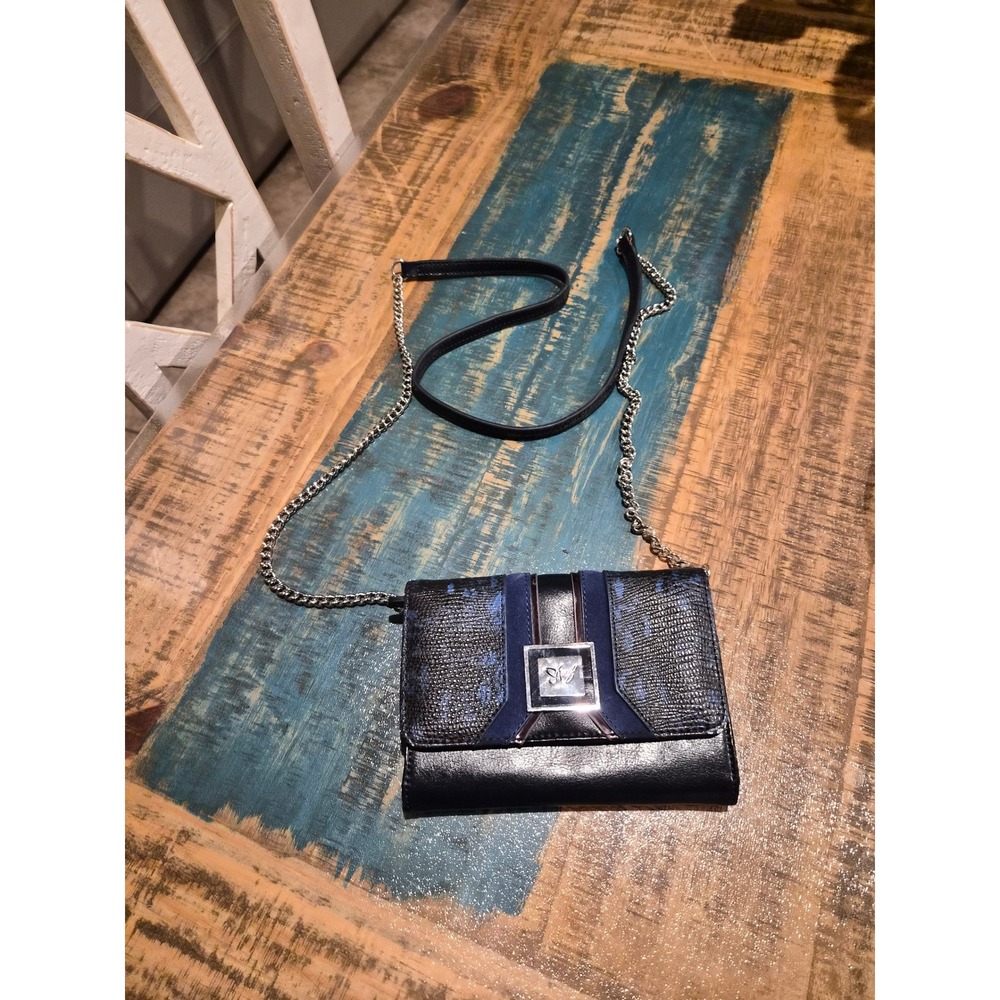 Sharif Navy Blue Leather Embossed Crossbody Wallet Bag Floral Interior Butterfly